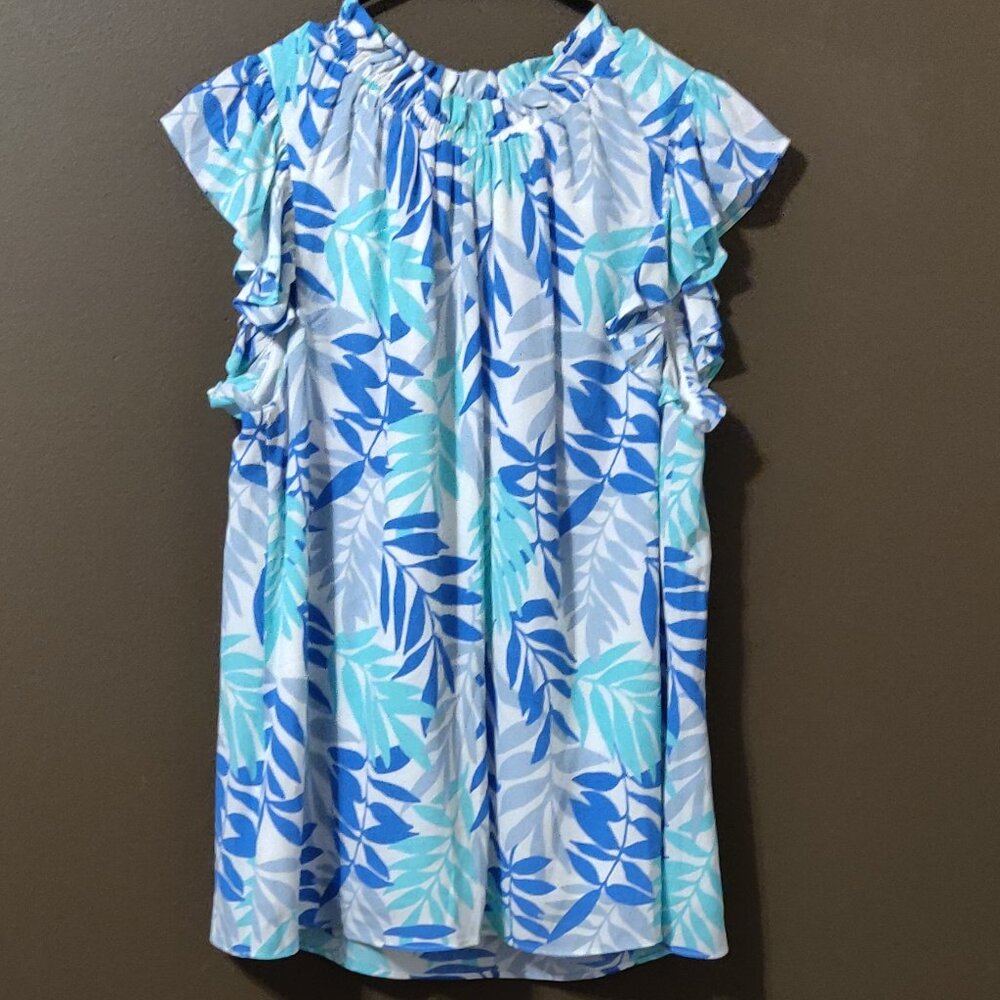 Sail to Sable Blue Palm Print Flutter Sleeve Ruffle Neck Top SIZE MEDIUM